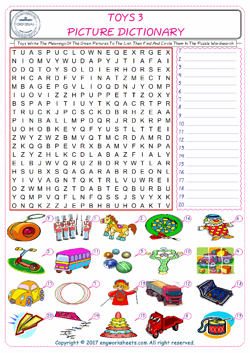  For kids, check the picture of Toys find, and write the word and find it in the word puzzle ESL printable worksheet. 